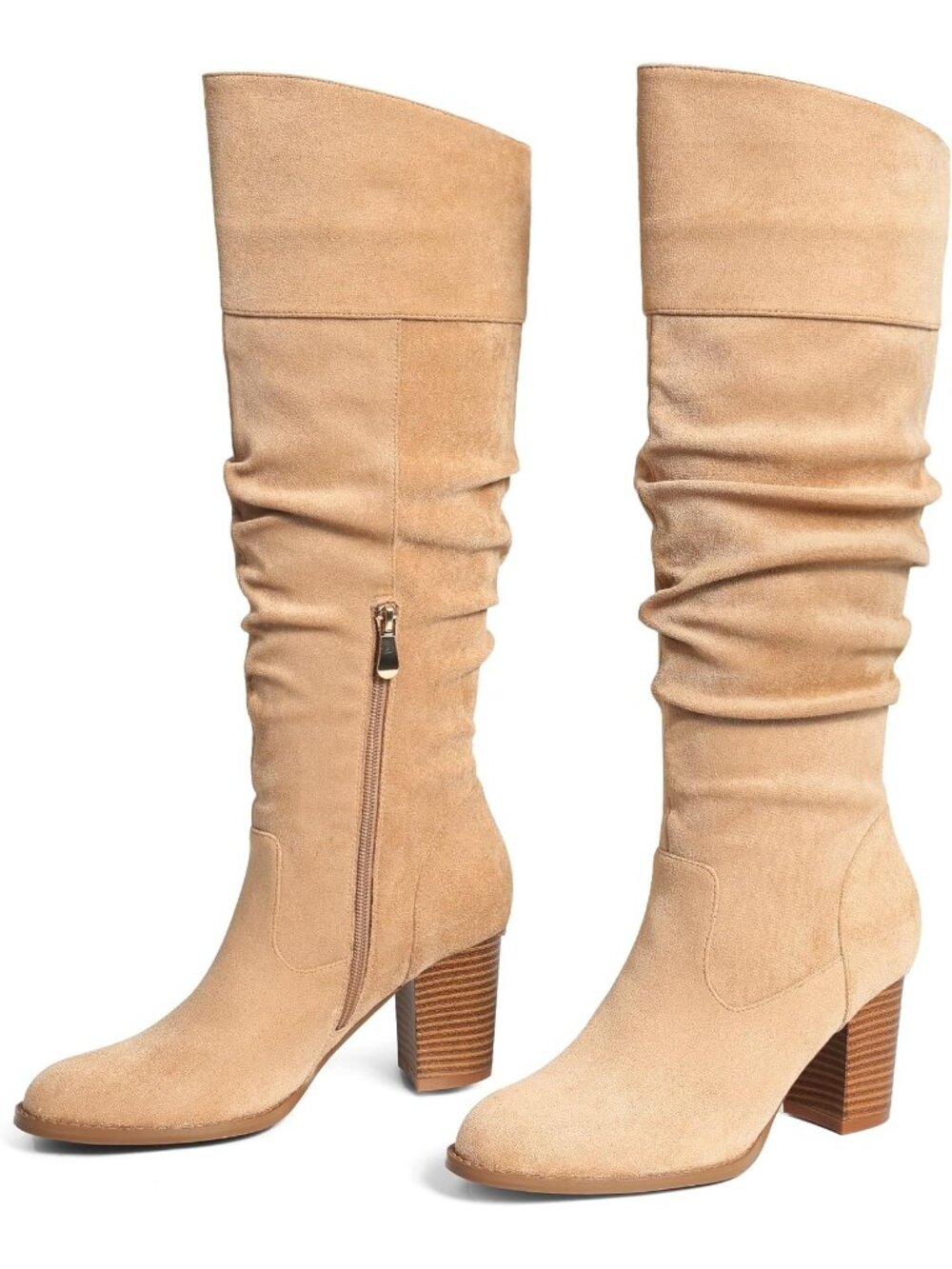 Women's Suede Apricot Fall Boots Knee High Tall Boots Winter Slouch Round Toe